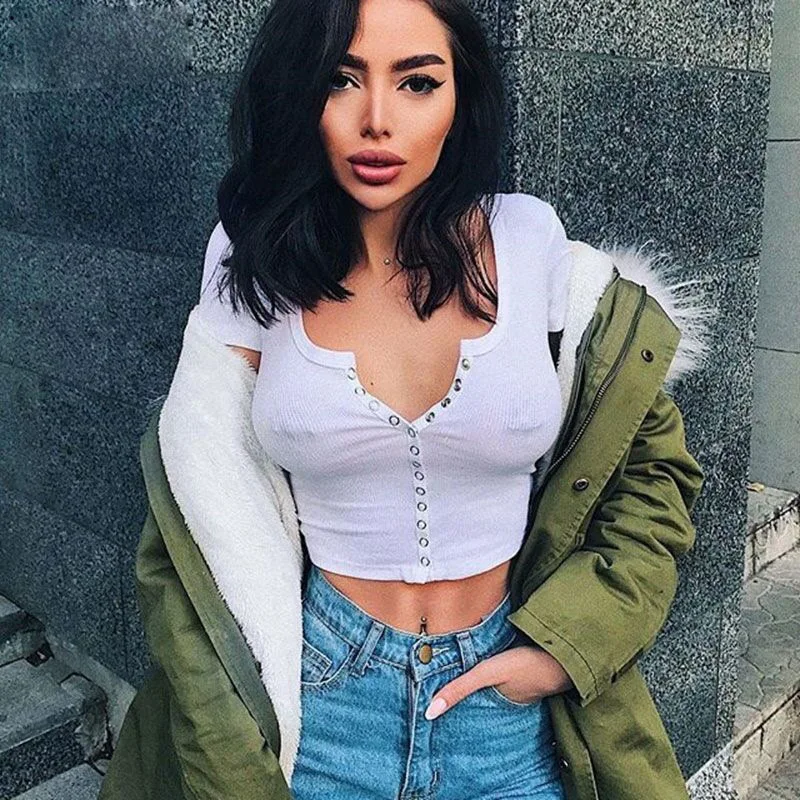 

Fashion Sexy Women Short Sleeve Crop Top Button Vest Halter Casual White Tank Tops Blouse Short Shirt