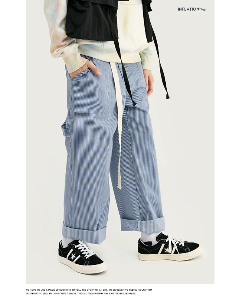 INFLATION Men Casual Pants Winter Streetwear Old Fashion Stripe Pants Straight Elastic Waist Casual Stripe Men Pants 93421W