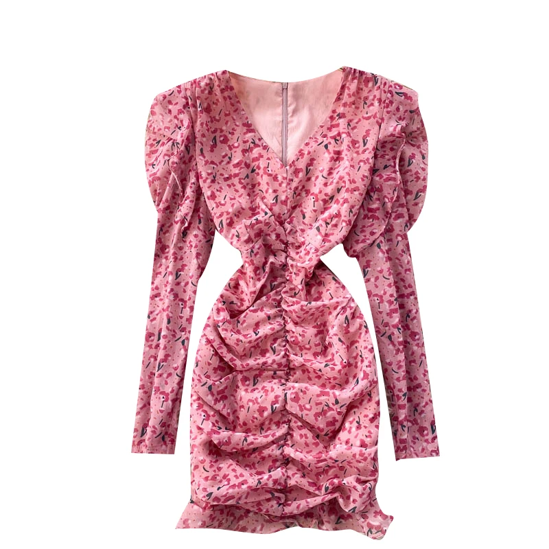 

Women Korean Floral Dress Autumn V Neck Puff Sleeve Ruched Slim Dresses Bohemian Print Fashion Streetwear Short Dress