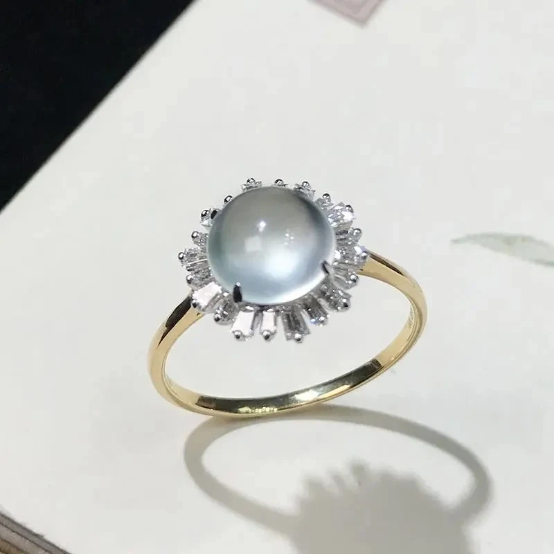 

White Ice Glass Type Chalcedony Egg Noodle Ring S925 Sterling Silver Ring Shank Inlaid with Diamond Simple Grandeur Design Compa