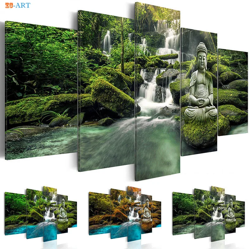 Природный плакат Будда статуя Искусство Художественная печать на холсте 5 панель