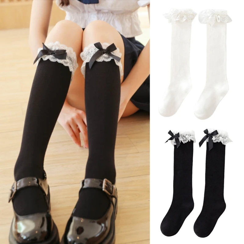 

Japanese Women Lolita Frilly Lace Trim Knee High Socks Sweet Bowknot Solid Color Kawaii School Girl Student Stockings