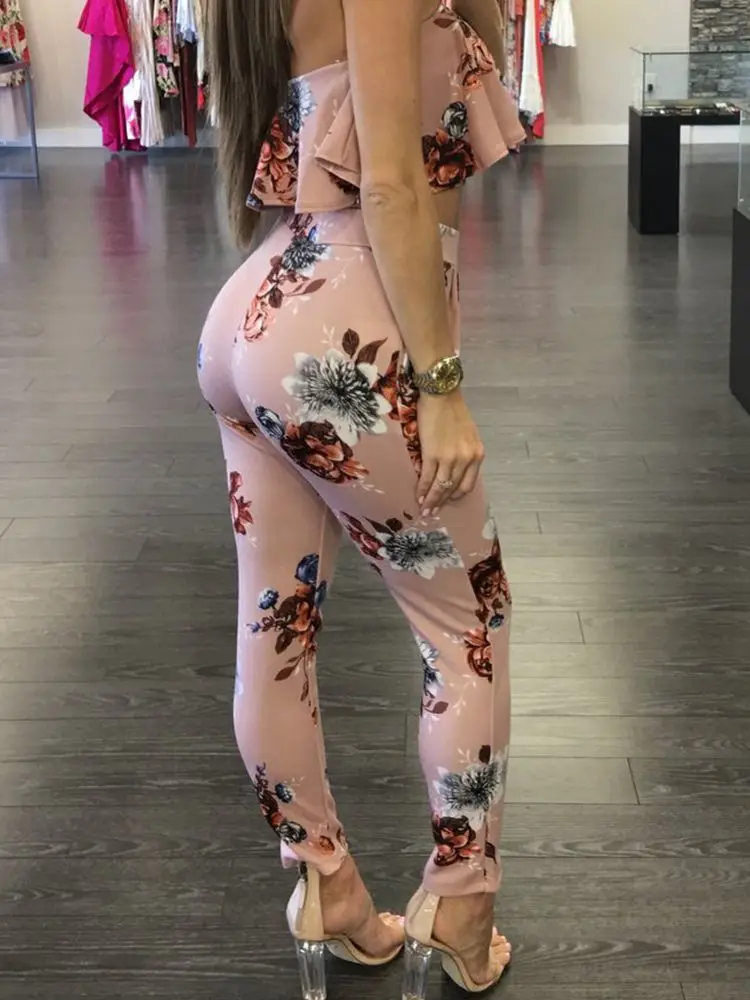 Женский укороченный топ с оборками и принтом длинные штаны комплект из 2