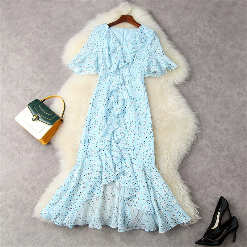 

2021 Women's Summer Flare Sleeves Ruffles Long Asymmetrical Trumpet Chiffon Dress New Fashion Designers Party Holiday Robe Femme