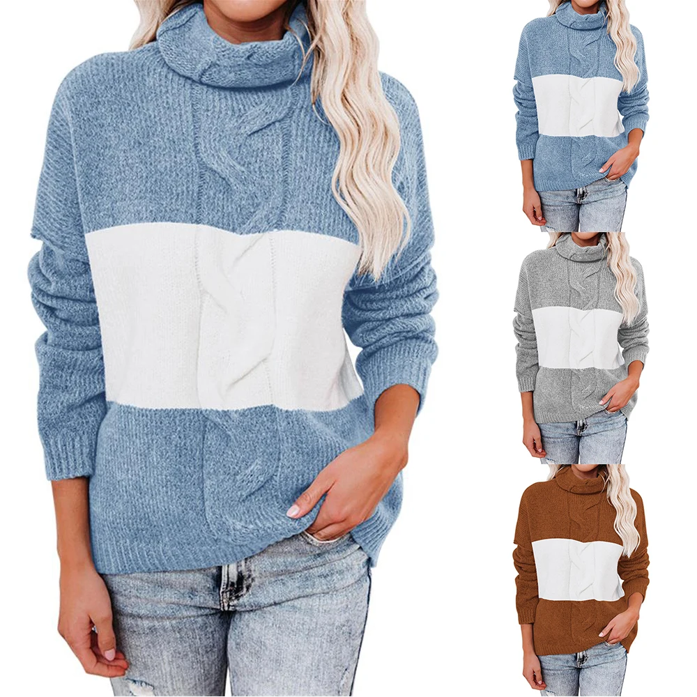 

New Patchwork Color Sweater Women High Neck Sweater Ladies Long Sleeve Jumpers Stripe Winter Warm Kintwear Fashion