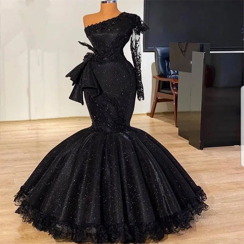 

Black One Shouder Shiny Mermaid Prom Dresses Illusion Sleeves Lace Appliques Sequined robe de soirée de mariage Evening Gowns