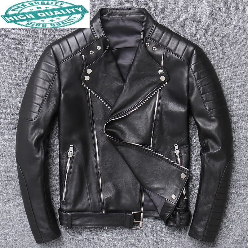 

New Spring Fashion Men's Coat Genuine for Men Leather Biker Jacket Slim Turn-down Collar Zipper Y-003