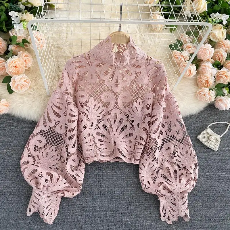 

2021 Y2k Women Sexy Casual Lace Stand Collar Short Blouse Lantern Long Sleeve Shirts Female Elegant Hollow Out Pink Loose Tops