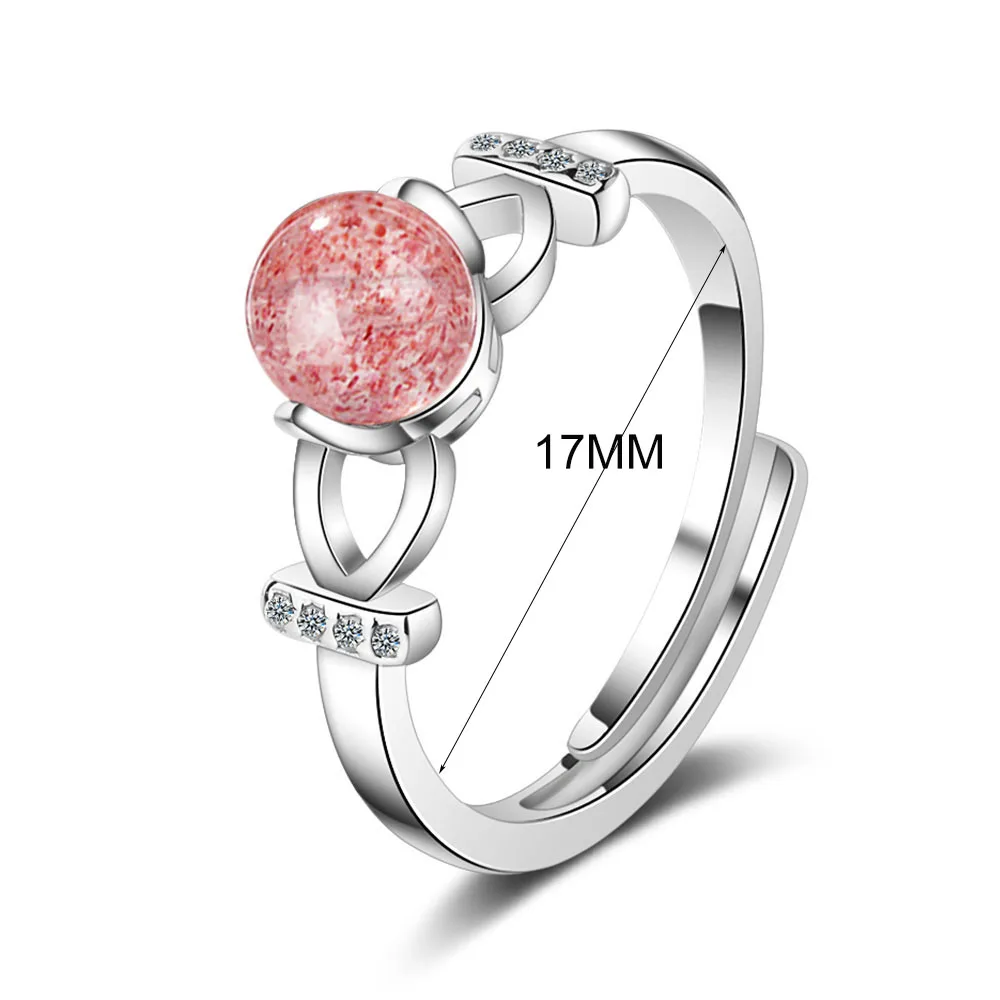 MEETSOFT 925 Silver Opening Ring For Women Simple Adjustable Strawberry Quartz Circle Crystal Jewelry Gift | Украшения и