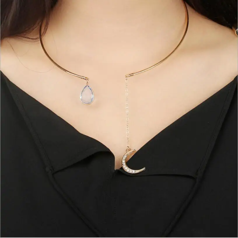 

INS Style Women Moon Water Drop Pendant Open Choker Necklace Elegant Crystal Cuff Collar Necklace Fashion Party Jewelry S2284