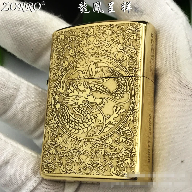 

Dragon and Phoenix kerosene lighter, Zorro pure copper carved personality creative men’s gift smoking accessories