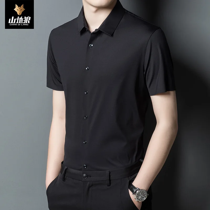 

Mountain Wolf men's summer new solid color Lapel short sleeve shirt men's casual business white collar no iron shirt men's