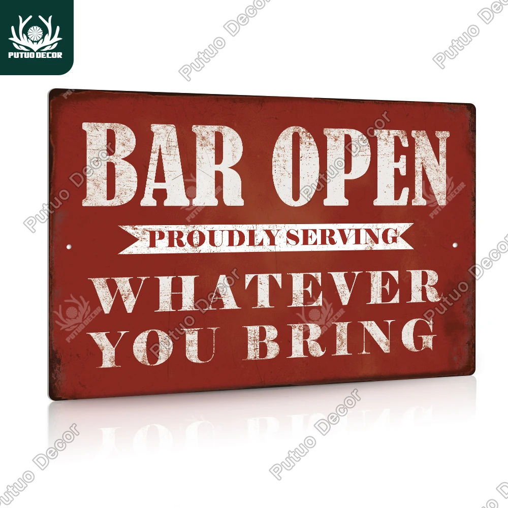 

Putuo Decor Vintage "Bar Open" Aluminum Sign Plaque Metal Plate Funny Metal Sign Wall Decor for Pub Club Man Cave Bar Decoration