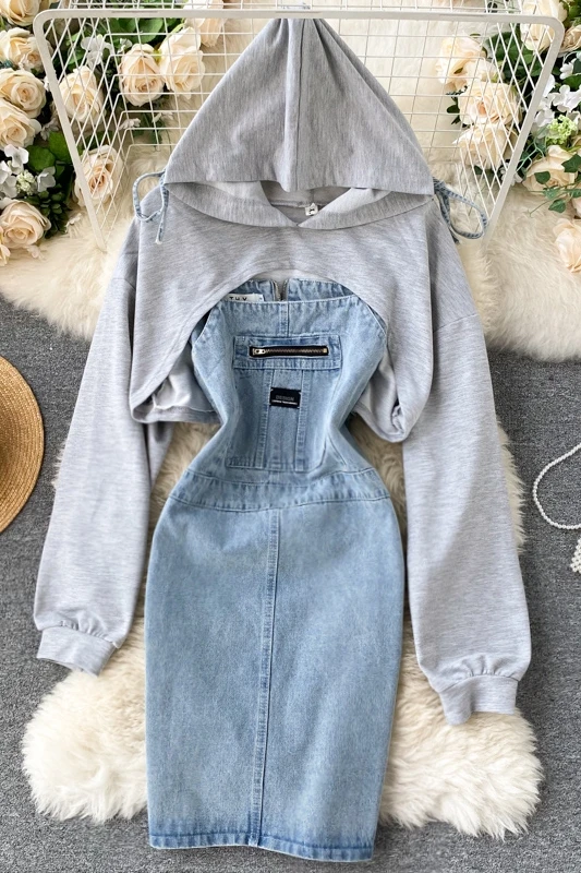 

Spring and autumn suit female design sense hooded sweater long-sleeved wild retro denim sling dress fashionable two-piece suit