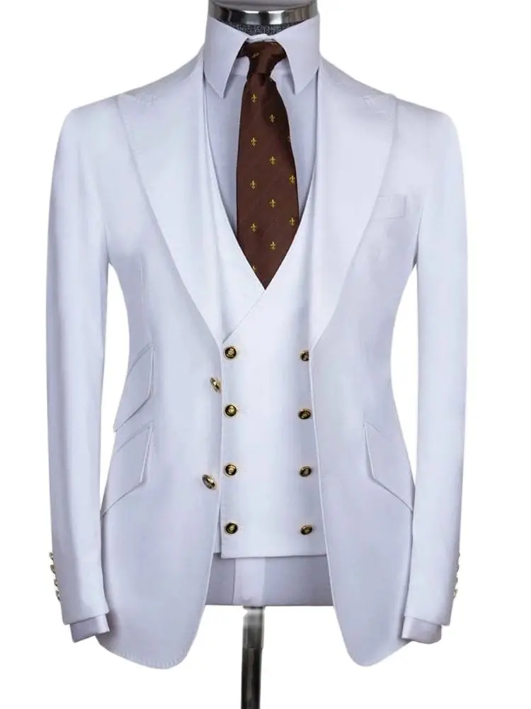 

Wide Peak Lapel White 3Pcs Mens Wedding Suits Best Man Slim Fit Tuxedos Groomsman Jacket Pants Custom Made Blazer Vest Trousers