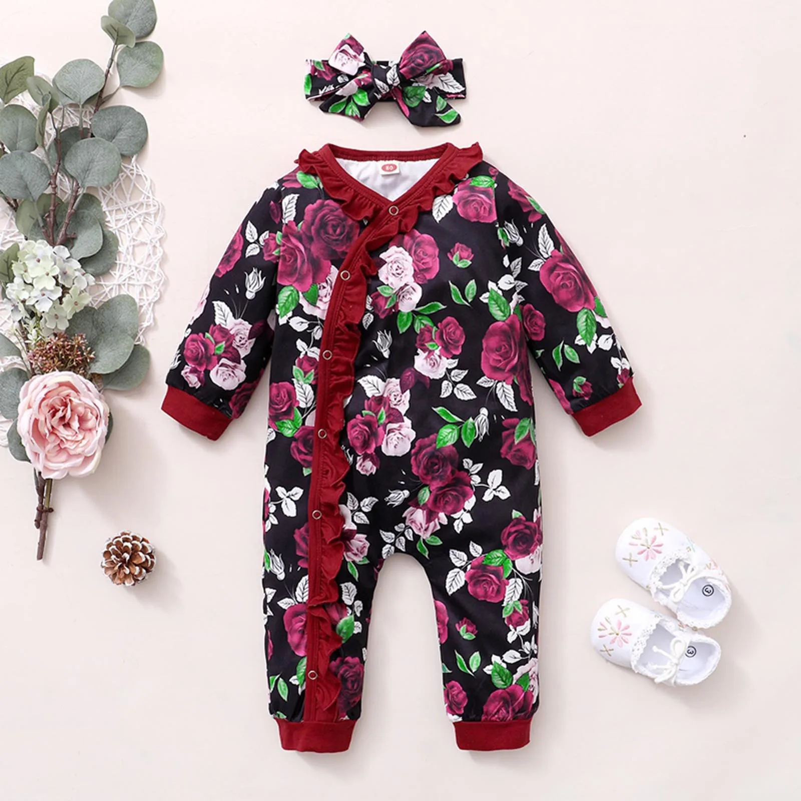 

Autumn Winter Baby Rompers Newborn Infant Girl Clothes Floral Long Sleeve Jumpsuit With Headband Outfit Sets Toddler Clothing