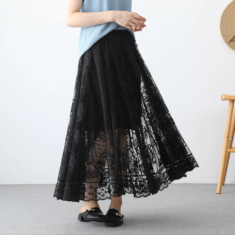 

Lace Skirt Female 2021 Spring and Summer New Literary Retro High Waist Hollow Lace Mid-length Temperament A-line Skirt Fashion