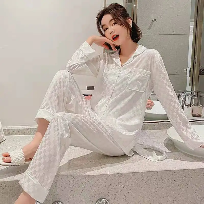 

New Pajamas Spring / Summer Sleepwear Autumn Ice Silk Long Sleeve Trousers Suit women's nightwear White plaid Pyjamas Set