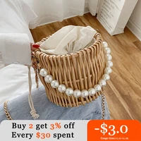 round woven straw bags for women summer pearl chain handmade rattan beach handbag travel bohemia female shoulder crossbody bag