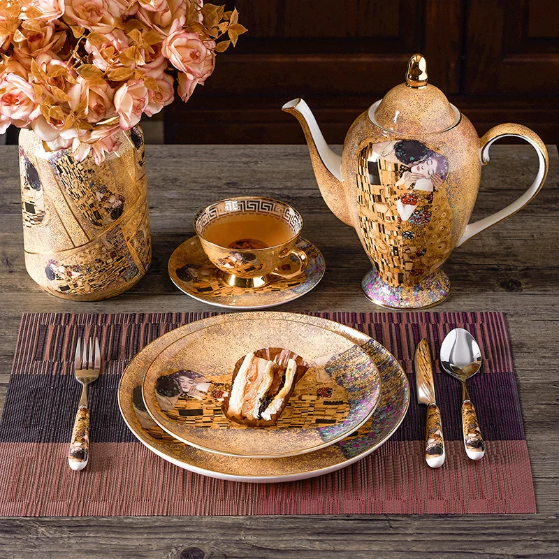 Gustav Klimt Bone China Coffee Set Luxury British Porcelain Tea Cup Ceramic Teapot Creamer Sugar Bowl Milk Jug Coffeeware | Дом и сад