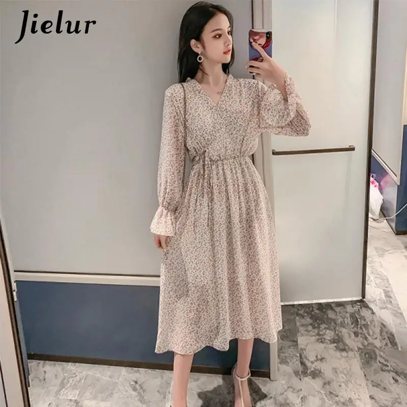 Jielur платье с v образным вырезом шифоновое винтажное цветочное женское корейское