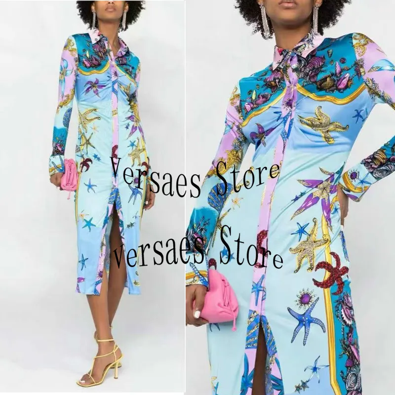 

Женское длинное платье с принтом морской звезды, облегающее платье с длинным рукавом, прямая юбка с лацканами, 2021