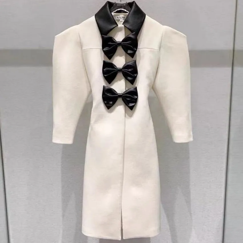 

New arrival fashion lantern sleeve pu bow cashmere coat women vintage temperament cool long wool blends overcoat