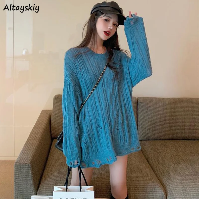 

Sweater Women Loose O-Neck Long Sleeve Autumn All-match Comfortable Hollow Out Fashionable Daily Knitted Wear Feminino Pullovers