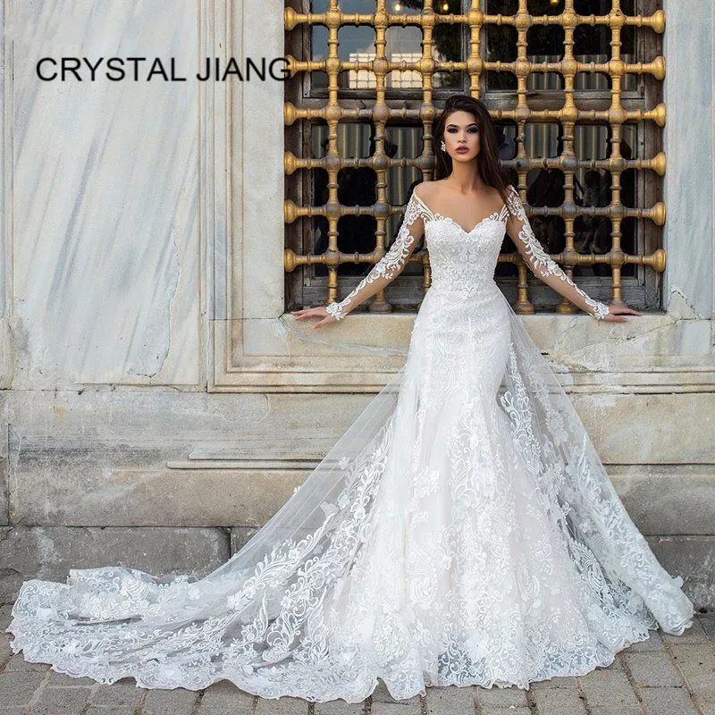 

New Arrival 2020 See through O-neck Long sleeves Wedding Dress Custom made Muslim Bridal Ivory Lace Wedding Gowns