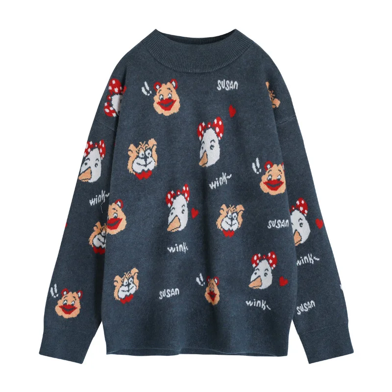 

Winter Autumn Cartoon Jacquard Round Neck Pullover Sweater Women Casual Versatile Loose Long Sleeve Female Knitting Tops Fashion