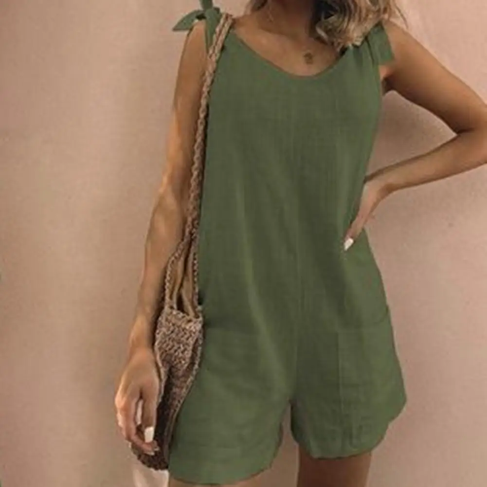 

Plus Size Jumpsuit Shorts Women Summer Solid Color Shoulder Strap Summer Round Neck Wide Leg Pockets Playsuit Streetwear Party