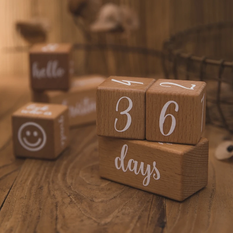 Juego de bloques de haya cuadrados grabados para acontecimiento, tarjeta para 12 meses de beb&eacute;, reci&eacute;n nacido, cumplea&ntilde;os, con accesorios de fotograf&iacute;a, set de 6 uds.-4