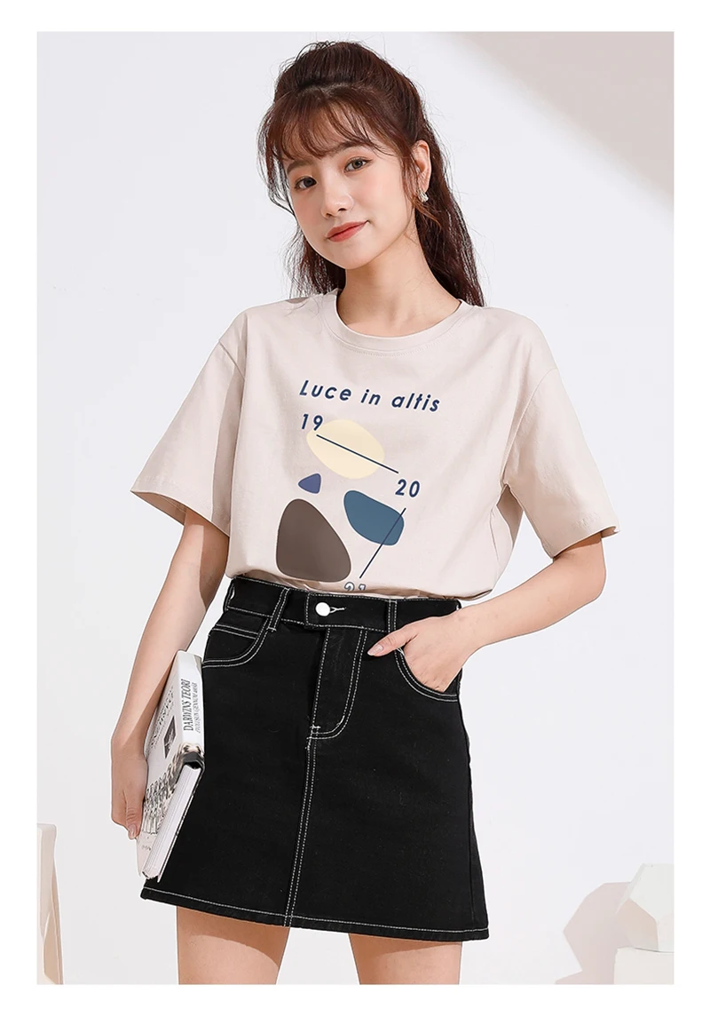 

Hirsionsan Geometry Printed T Shirt Women 2021 New Fashion Chic 100% Cotton Summer Tees Harajuku O Neck Basic Female Tops