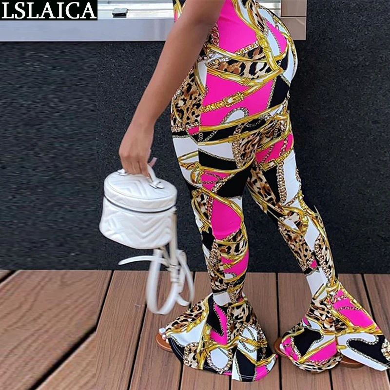 

Slim Woman Pants Chain Print Leopard Patchwork Casual Leggings High Waist Fashion Flare Pants Party Club Streetwear Pantalones