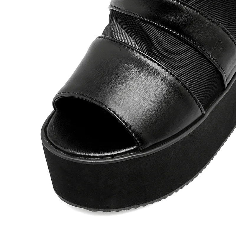 

2018 Black White Punk Creepers Platform Wedges Shoes Woman Summer Mesh Gladiator Sandals Ankle Boots Female Plus Size