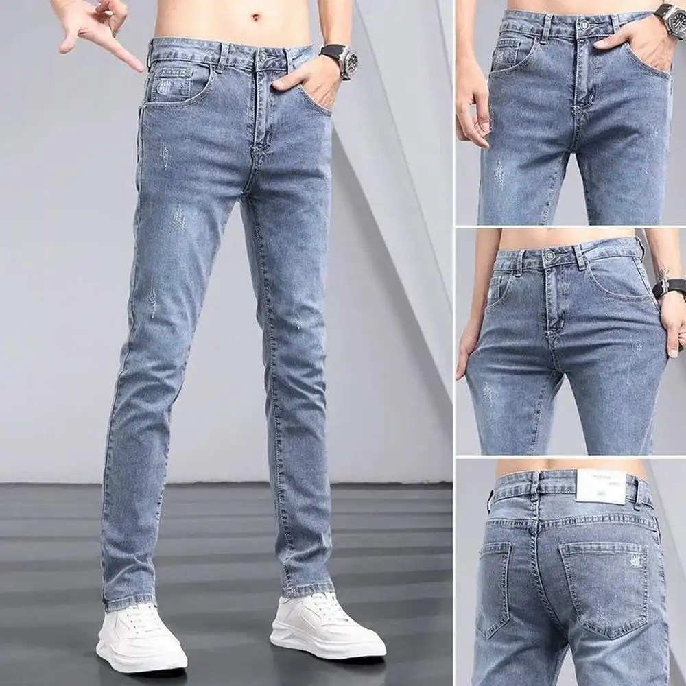 Distressed Destroy Hole Light Blue Elastic Men Jeans Lightweight Slim Fit Denim Pencil Pants Jogger Korean Style Brand Trousers