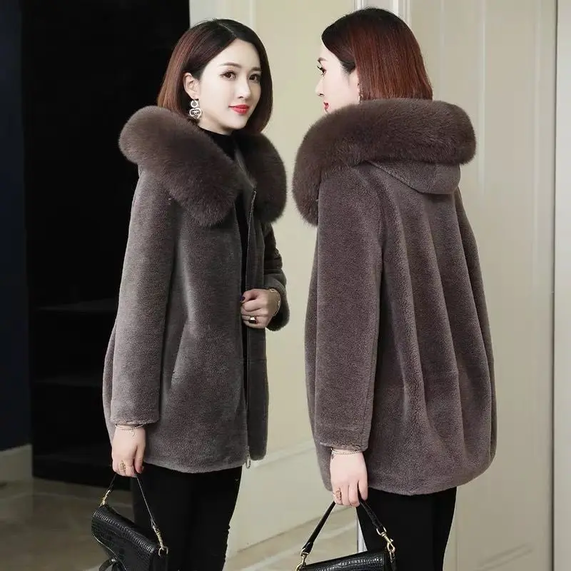 

High Quality Fur Coat Luxury Wool Outerwear Fur Collar Hooded Thick Warm Female h Coats Winter Women X709