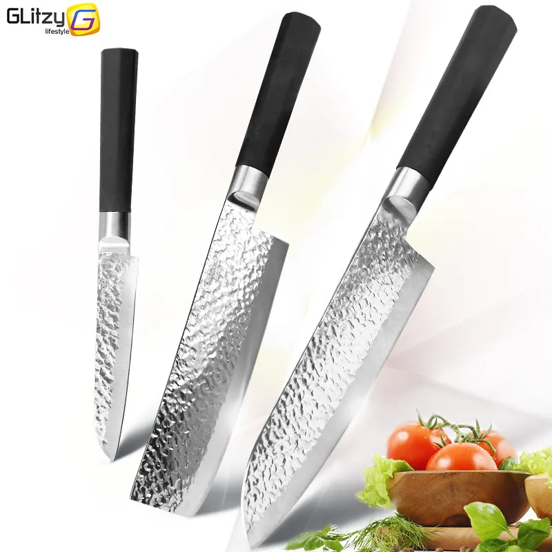 Кухонный нож, 4, 7, 7 дюймов, поварские ножи 7Cr17, 440C, высокоуглеродистая Нержавеющая сталь, молоток, дизайн, утилита, слайсер, Santoku, нож для мяса