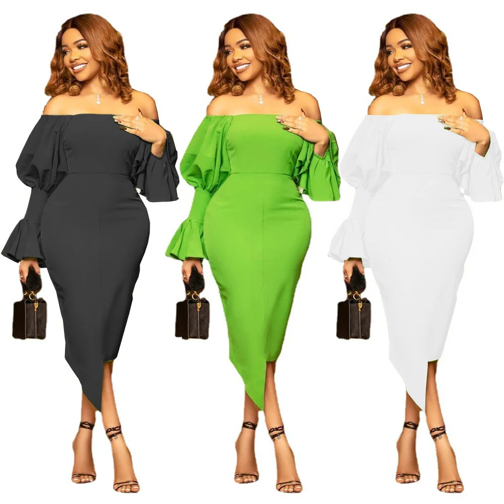 

Women's Sexy Off Shoulder Lantern Sleeve Beveled Dress