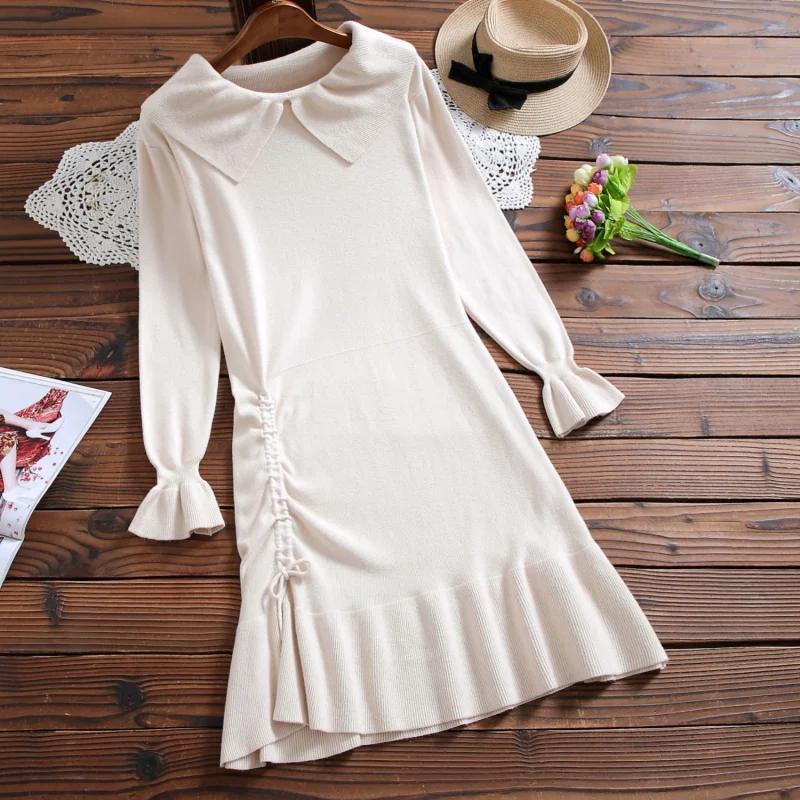 Абрикосовое зеленое трикотажное платье свитер осенняя и зимняя одежда женские