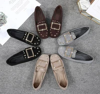 new flat shoes women blackgrey square head spring autumn shoes women vacation square buckle ladies footwear size 34 43