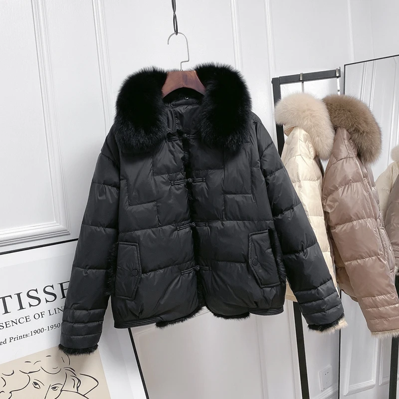

Ailegogo New Winter Women Real Fox Fur Collar 90% White Duck Down Jacket Ladies Warm Puffer Coat Female Retro Button Parkas