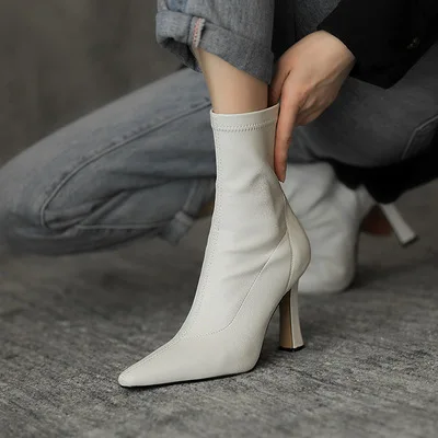

High Heels Dress Shoes Pointed Toe Bare Boots Black Booties Thin Heeled Fashion Ankle Boots Retro Ladies Shoes Botas