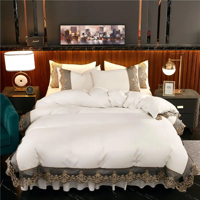 

4Pcs Thickening and sanding Lace embroidery bedding sets queen king size duvet cover set bed skirt set pillowcase bedclothes.