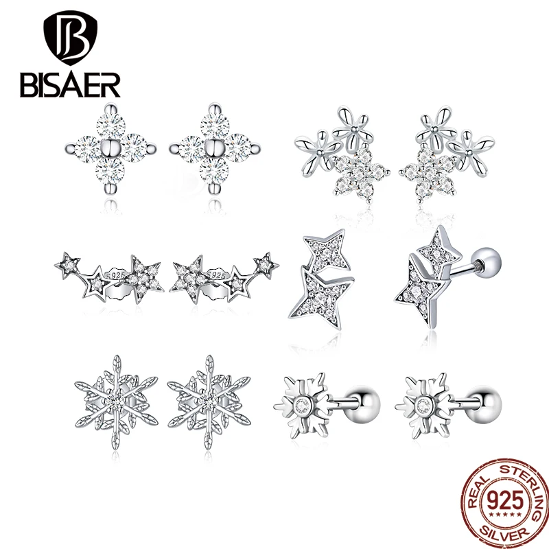 

BISAER Earrings Moon And Star 925 Sterling Silver Stud Earrings Snowflake Earring For Women Original Fine Jewelry Gift HVE529