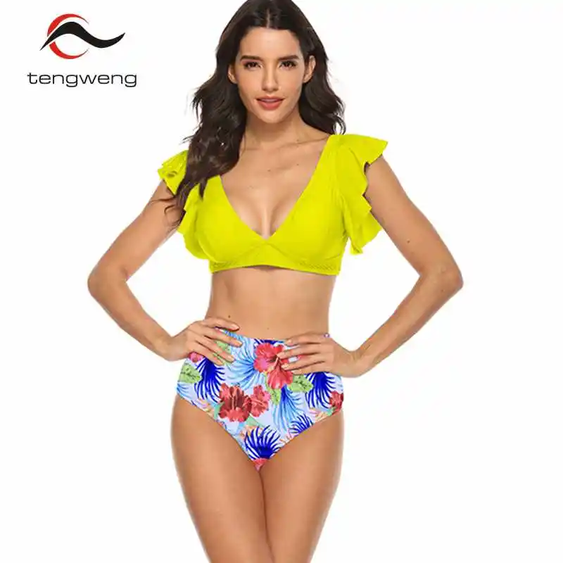 yellow bikini Tengweng, бикини с оборками,, сексуальный купальник из 2 частей, бикини, женский купальник с принтом, бандаж, пуш-ап, пляжная одежда, плюс размер, купальный костюм - Цвет: yellow bikini
