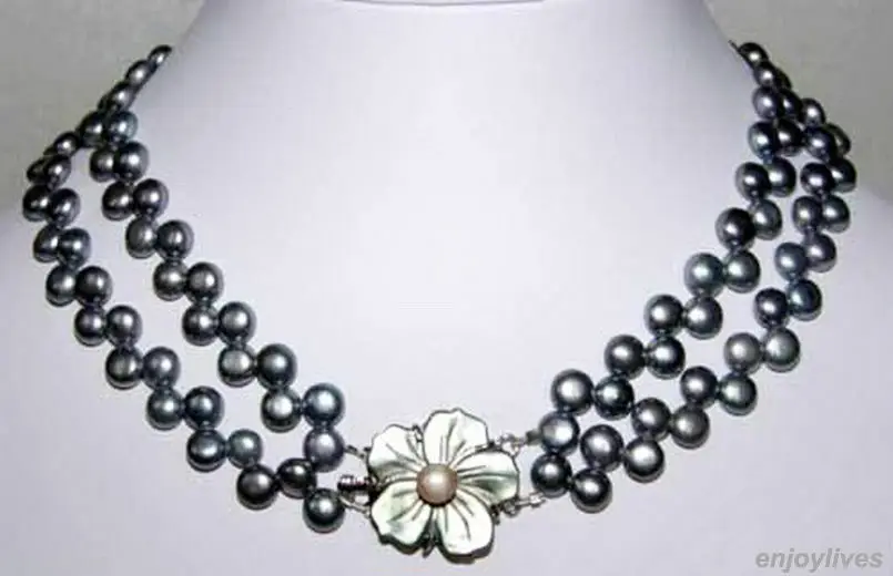 

2 Rows Genuine Black Flat Pearl White Shell Flower Clasp Necklace
