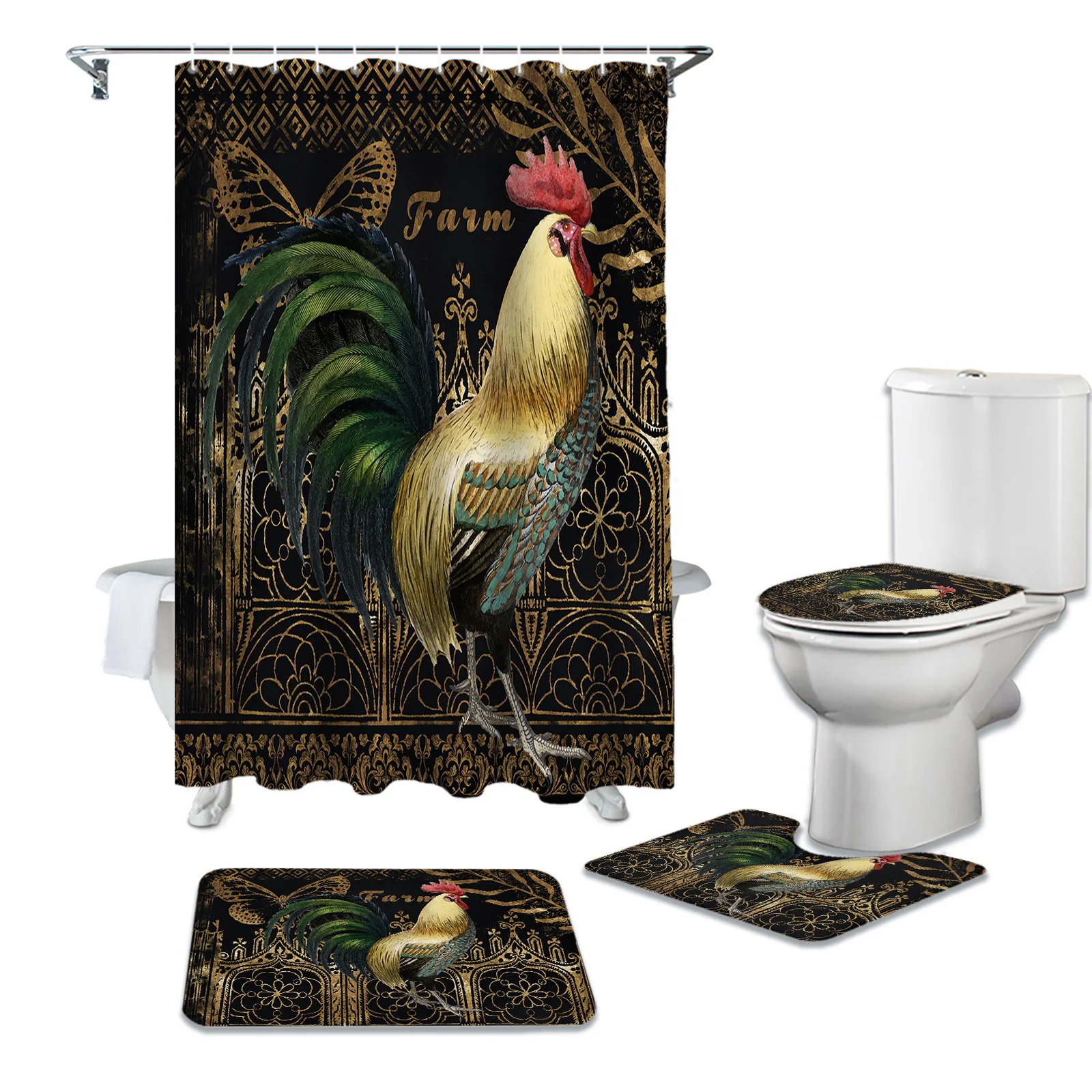 

Занавеска для душа с текстурой бабочки и петухом на ферме, комплект водонепроницаемых ковриков для ванной комнаты, коврик для туалета