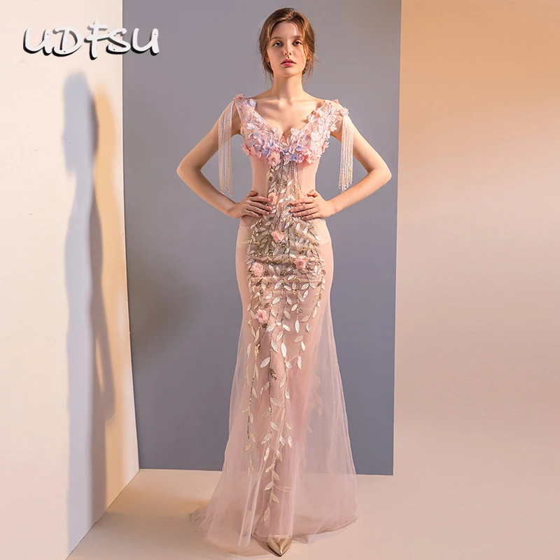 

UDFSU женское вечернее платье с V-образным вырезом и открытыми плечами, облегающие вечерние платья с принтом и кисточками, винтажные сексуальн...