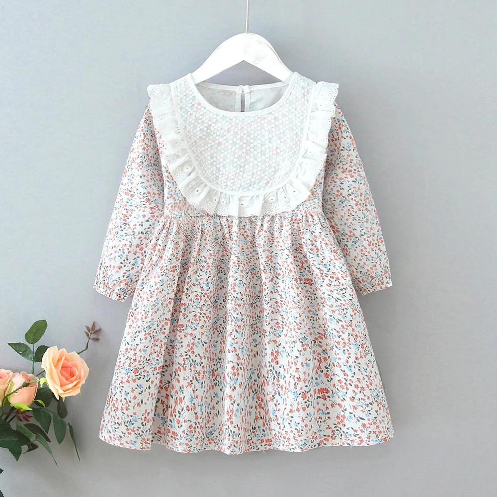 

Girl's Floral Dress, Children's Elastic Cuff Round Collar Ruffled Skirt Garment for Kids
